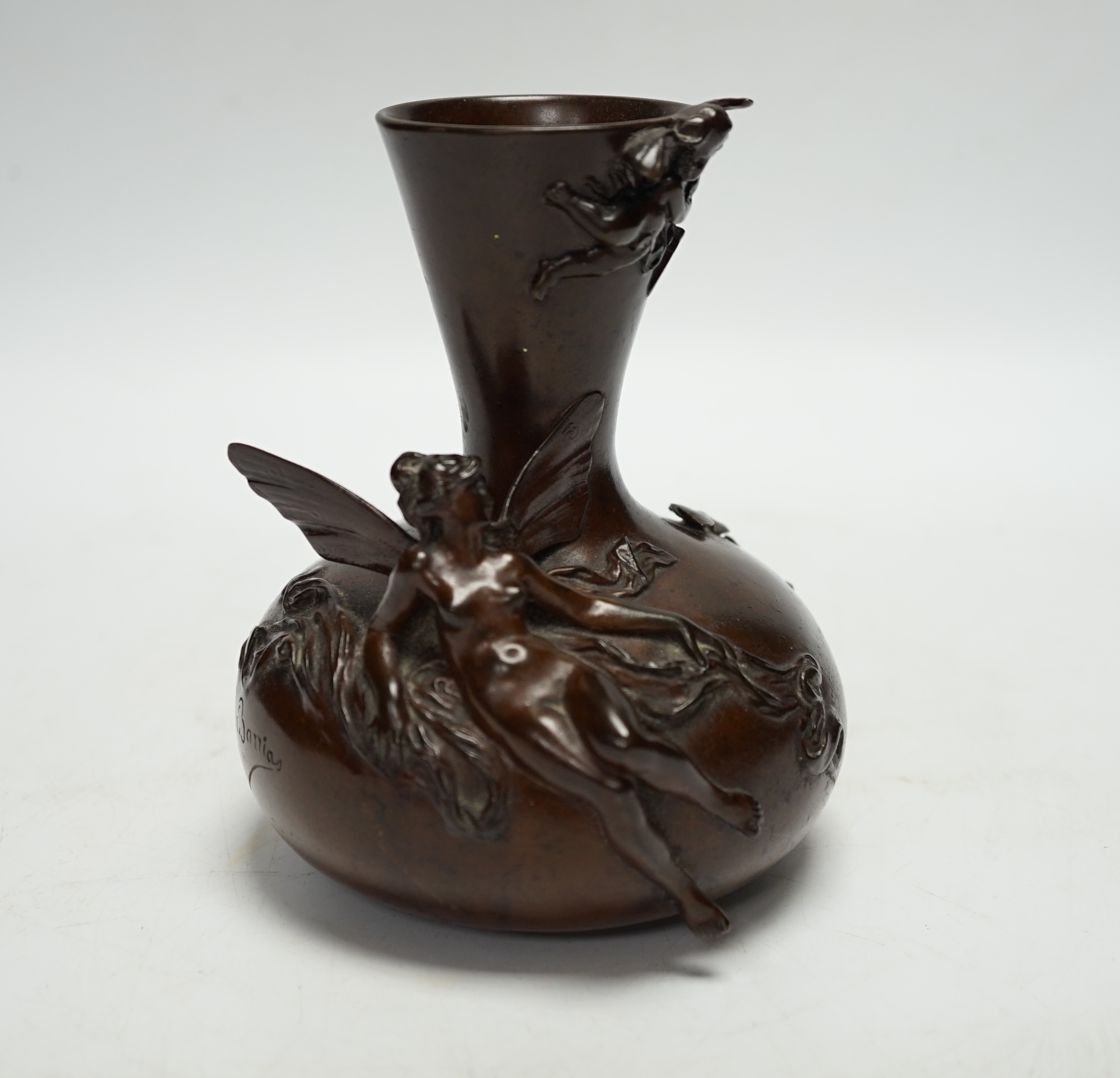 A Barbedienne bronze vase after L. Barrias with applied fairies, butterflies and cherub, 14cm